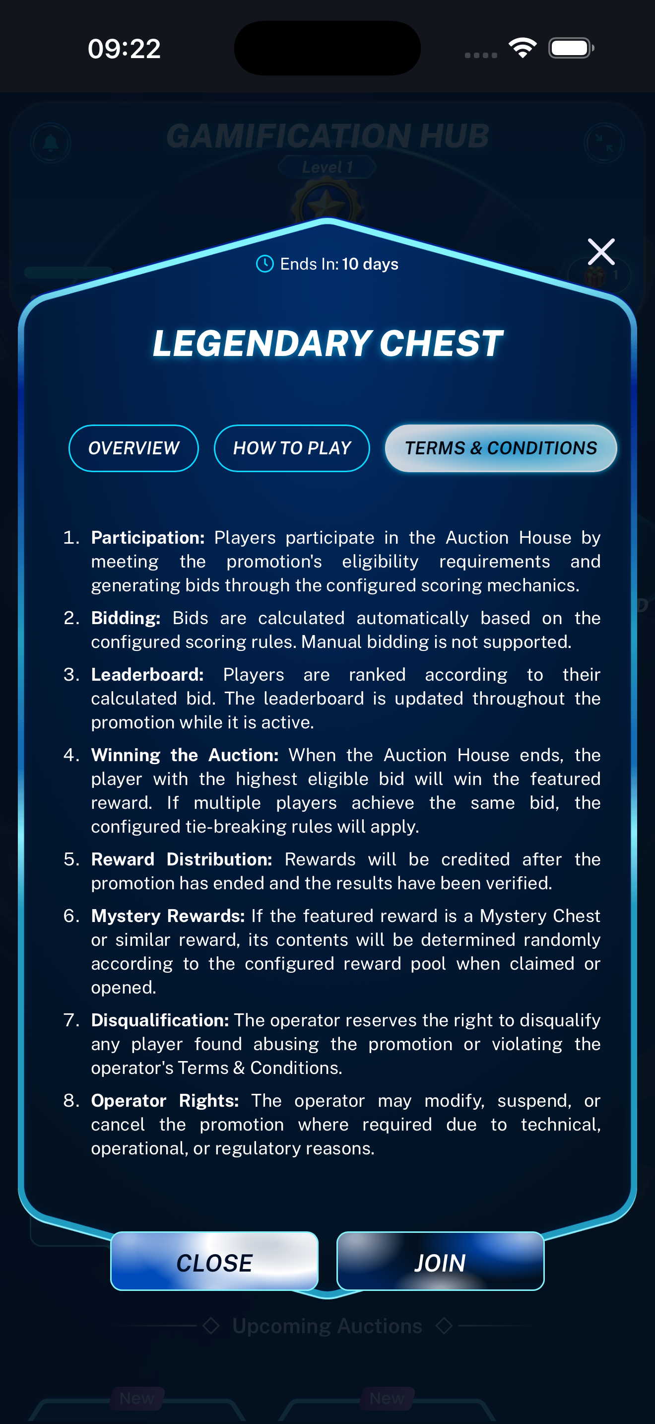 Auction terms and conditions displayed on a mobile phone